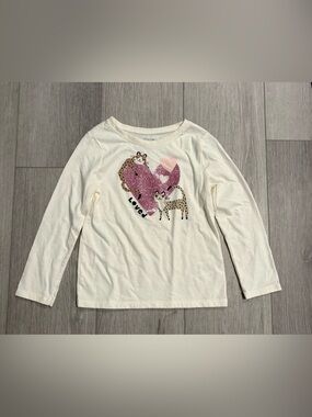 Girls' Cream Long-Sleeve Tee with Pink Heart & Deer Graphic. Size 4T